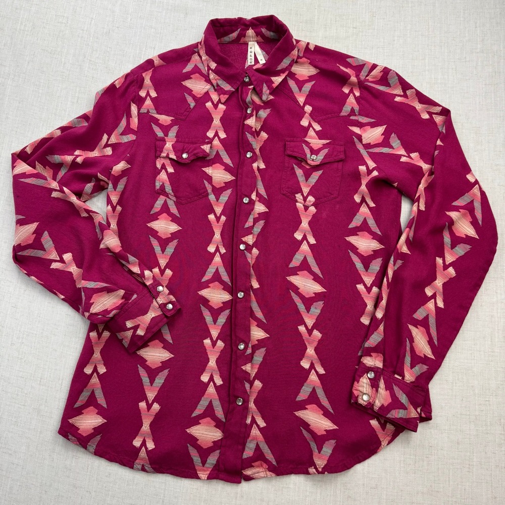 Roper Women Western Aztec Snap Shirt Magenta Southwestern Geometric Print Size M